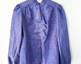 Vintage 70s 80s Lady Arrow Blue Geometric Print Satin Top Maximalist Office Workwear Business Librarian Teacher Ruffle Dressy Size 12