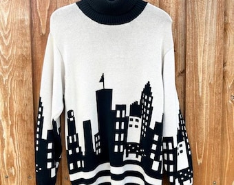 LIZ SPORT Vintage 80s Cityscape Oversized Turtleneck Sweater 100% Cotton Abstract Cozy Baggy Turtleneck Whimsical Urban Size S