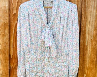 Vintage 80s La Chine Classic Pastel Satin Blouse Bow Tie Shoulder Pads Working Girl Office Librarian Retro Academic Grandmacore Size 10