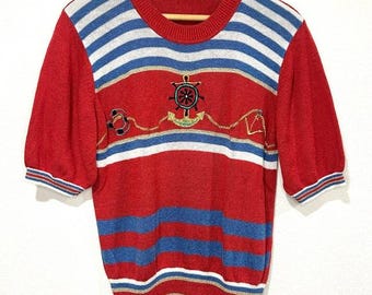 Vintage 80s Nautical Striped Sweater Knit Top Metallic Sailor Coastal Preppy Fisherman Sailing S/M
