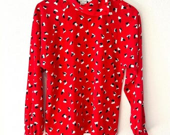 Vintage 80s Breckenridge Black, Red, White Satin Blouse Preppy Working Girl Office Secretary Librarian Teacher Workwear Retro Size 6