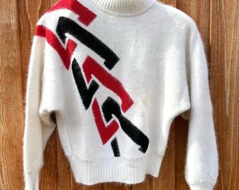 Vintage 80s Richard & Co. Angora Wool Cozy Knit Sweater Shoulder Pads Abstract Turtleneck Ski Lodge Alpine Winter Outdoor Snow Bunny Size S