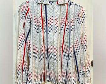 Vintage 80s Adelaar Polka Dot Stripe Satin Blouse Shoulder Pads Preppy Working Girl Office Secretary Librarian Teacher Workwear Retro Size 8