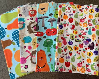 Designer fabric with cute fruit & vegetables prints, Alexander Henry, Michael Miller, Robert Kaufman