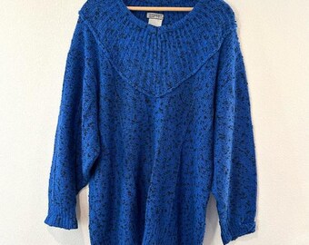 Vintage 80s ESPRIT Oversized Chunky Knit Sweater Blue & Black Marled Stranger Things Retro Vibes Baggy Boyfriend Size M/L