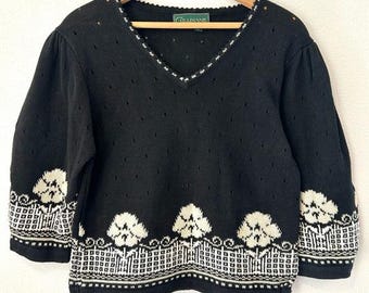 Vintage 80s 90s Cullinane Black Floral Crop Sweater Pointelle Puff Sleeves Workwear Business Casual Working Girl Cozy Feminine Romantic L