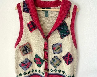 RARE Vintage Hunt Club 90s Patchwork Sweater Vest Preppy Grandmacore Size LP