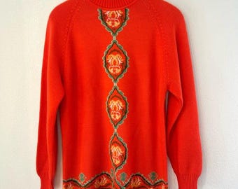 Vintage 90s Eurosport Scandinavian Floral Sweater Nordic Knit Heritage Fair Isle Preppy Cozy Winter Vibrant Orange Oversized Baggy Size M