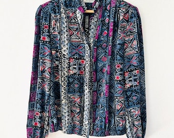 Vintage 80s Tribal Print Satin Women's Blouse Boho Maximalist Office Workwear Working Girl Colorful Aztec Business Casual Size S