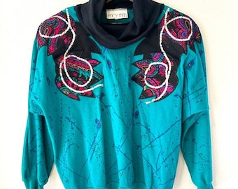 Vintage 80s Fancy Pants Sequin Appliqué Turtleneck Sweatshirt Shoulder Pads Dopamine Dressing Bold Statement Baggy Boxy Shiny Shimmer Size M