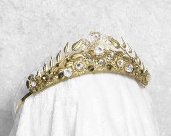 Athena Gold Tiara - Flowers, leaves and crystal rhinestones  - by Loschy Designs