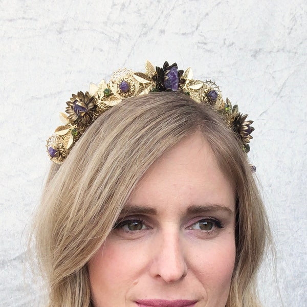 Floral Decadence Crown - Gold with Raw Amethyst - by Loschy Designs - MADE TO ORDER, ships after 7 production days