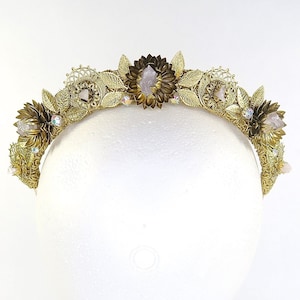 Floral Decadence Crown - Gold with Raw Rose Quartz - by Loschy Designs - MADE TO ORDER, ready to ship in 6-8 days