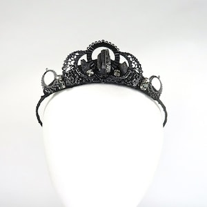 Luna Black Tiara with Raw Tourmaline and Gray Gemstones - by Loschy Designs