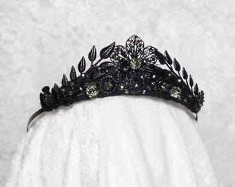 Athena Black Tiara - Flowers, leaves and crystal rhinestones  - by Loschy Designs