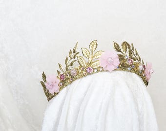Gold Flower Crown – Pink Gemstones, Laurel Leaf Headpiece