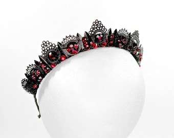 Catherine Crown - Black with Ruby Red Gemstones - by Loschy Designs, ready to ship in 6-8 days