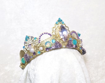 Ariel Inspired Crown – Jeweled Mermaid Tiara, Amethyst & Pearl