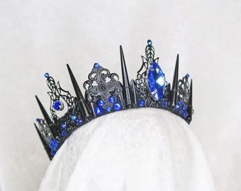 Dark Empress Black Crown with Sapphire Color Gemstones - by Loschy Designs - MADE TO ORDER, ready to ship in 6-8 days