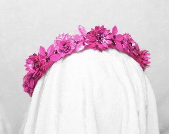 Pink Floral Gemstone Crown – Brass Filigree Headband