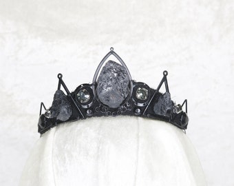 Guinevere Black Tiara with Raw Tourmaline and Gray Gemstones - by Loschy Designs - MADE TO ORDER, ready to ship in 6-8 days