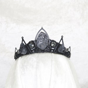 Guinevere Black Tiara with Raw Tourmaline and Gray Gemstones - by Loschy Designs - MADE TO ORDER, ready to ship in 6-8 days