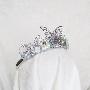 Flutter Tiara - Silver Butterflies with Raw Amethyst and Aventurine and crystal rhinestones  - by Loschy Designs