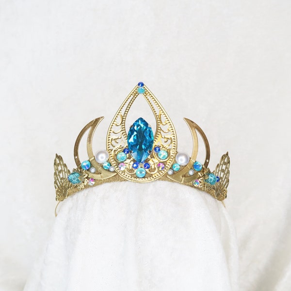 Elsa Small Tiara - Gold with Blue and Rainbow Gemstones - by Loschy Designs - MADE TO ORDER, ready in 7 days