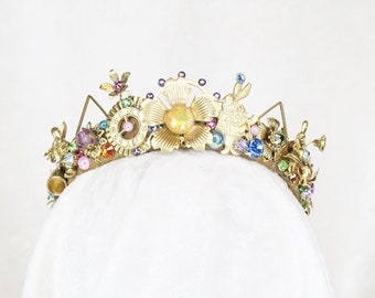 Alice in Wonderland Inspired Crown - Gold with multi-color "Mad Hatter" rhinestones - by Loschy Designs - MADE TO ORDER, ready in 7 days