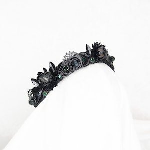 Black Floral Decadence Crown - With Raw Tourmaline and Emerald Rhinestones - MADE TO ORDER, requires 7 business days to produce