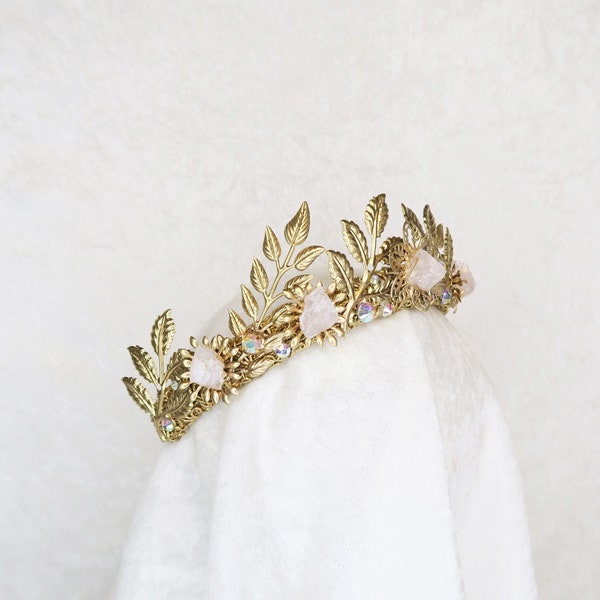 Laurel Leaf Crown - Gold with Raw Rose Quartz - by Loschy Designs - MADE TO ORDER, ships after 7 production days
