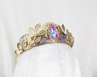 Laurel Gold Tiara - Raw Amethyst and crystal rhinestones  - by Loschy Designs