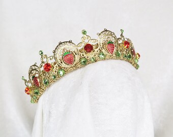 Strawberry Crown - Gold with Red and Light Green Color Rhinestones - by Loschy Designs