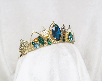 Queen Anna Small Tiara - Gold with Turquoise and Green Gemstones