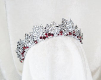 Silver Leaf Tiara – Red Faux Ruby & Rhinestone Crown