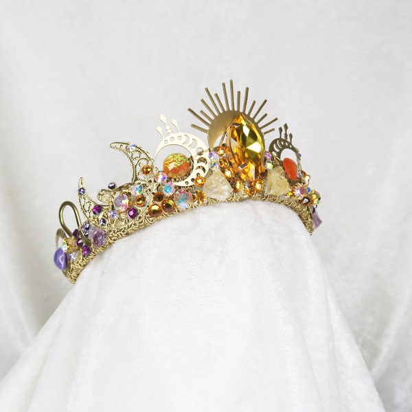 Leo Celestial Crown - Gold with Raw Citrine, Amethyst and Gemstones - by Loschy Designs - MADE TO ORDER, require 7 business days to make