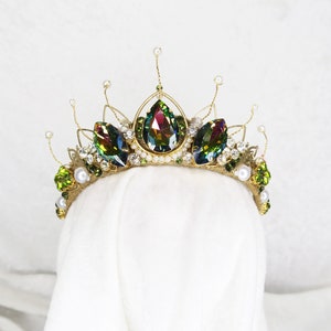 The Princess and the Frog Inspired Crown - Gold with Green Gemstone and Faux Pearl Details - MADE TO ORDER - by Loschy Designs