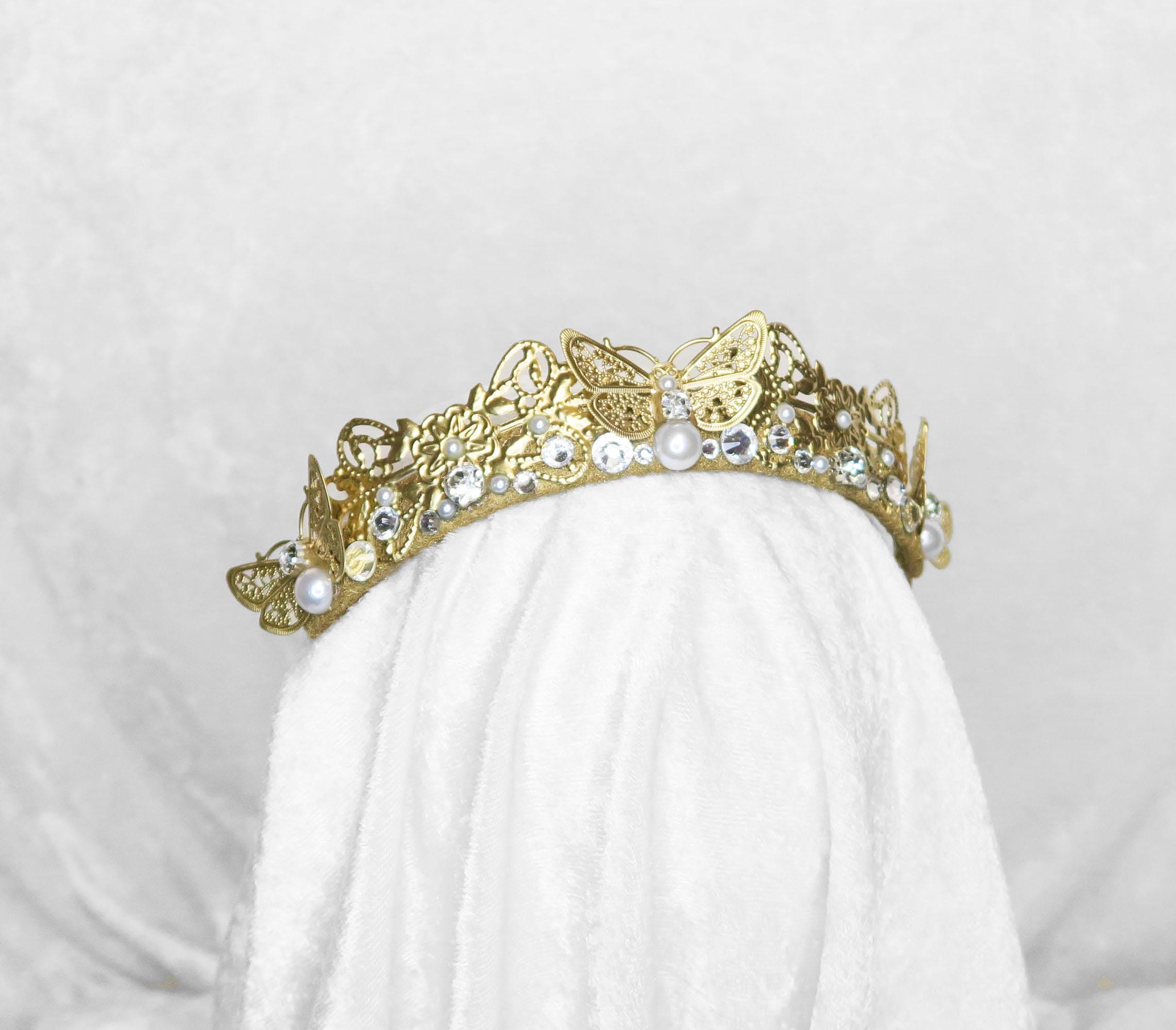 Handmade Gold Butterfly Tiara – Faux Pearl & Diamond Crown  display picture 1