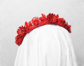 Red Floral Gemstone Crown – Hand-Sewn Headband