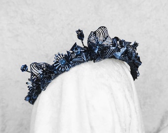 Dead Flower Crown - Iridescent Dark Blue Spooky headpiece with Navy Blue Gemstones