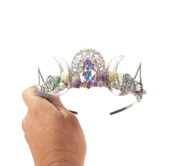 Priestess Silver Crown With Raw Crystals and Rainbow Gemstones by