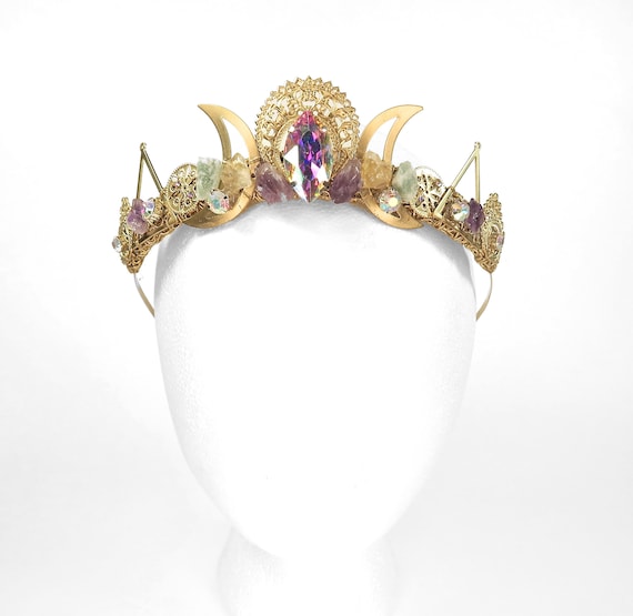 Priestess Gold Crown With Raw Crystals and Rainbow Gemstones by
