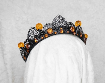 Pumpkin Glitter Queen Crown - Black with Pumpkin charms and gemstones