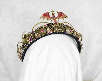 Dragon Sunburst Crown - Bejeweled Dragon Brooch with Pearlescent Red, Taupe and Gold Gemstones
