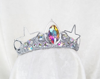 Rainbow Gem Star Tiara – Silver Cosmos Crown, Handmade