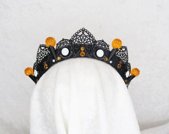 Pumpkin Queen Crown - Black with Pumpkin charms and gemstones - by Loschy Designs - MADE TO ORDER Ready to ship in 7 business days