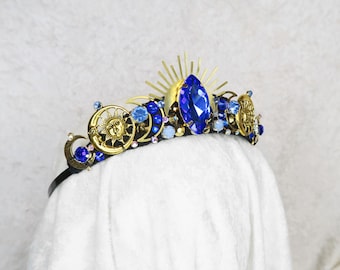 Whimsigoth Celestial Rhinestone Small Tiara – Blue Gemstones, Brass – Made to Order
