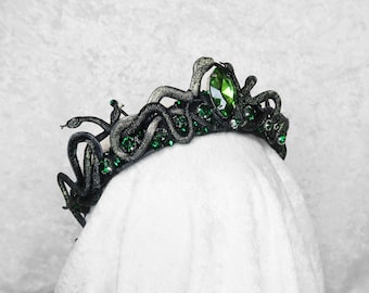 Medusa Crown: Black Snake Headpiece with Green Gemstones