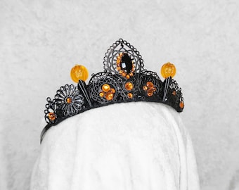Pumpkin Glitter Queen Small Tiara - Black with Pumpkin charms and gemstones