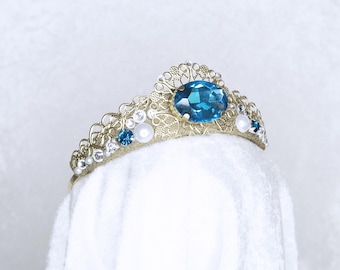 Merida Inspired Small Tiara - Gold with Pearls, Blue and faux diamond Gemstones